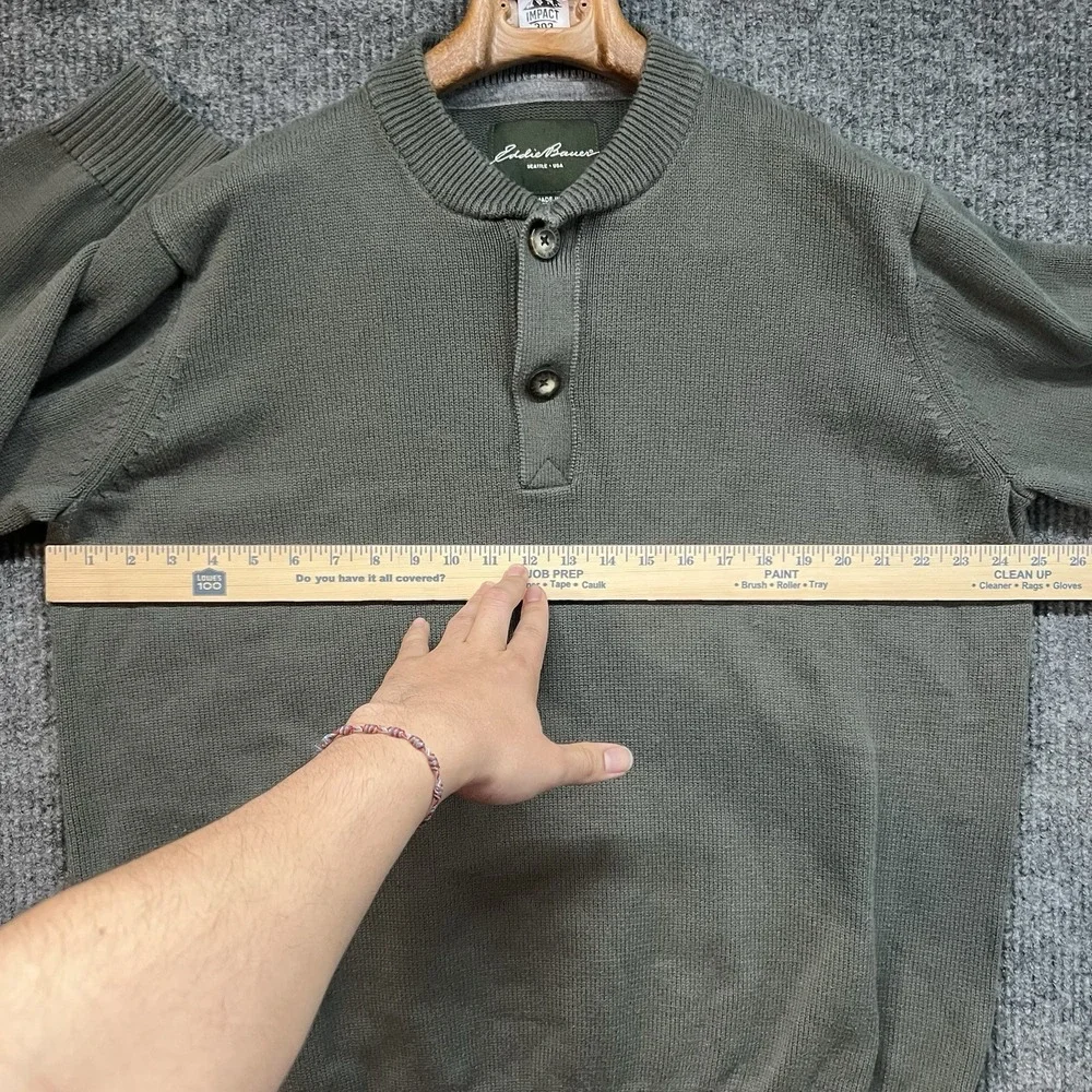 Eddie Bauer Sweater Mens XLT Green Long Sleeve Henley Collar Buttons Knit Cotton